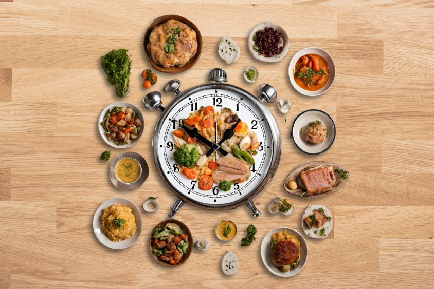 Clock surrounded by prepped meals showcasing time-saving benefits.